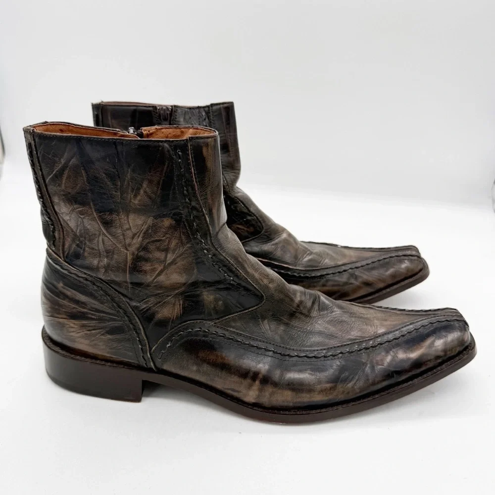 Bacco Bucci Brown Distressed Leather Western Ankle Boot Size 13 Square Toe